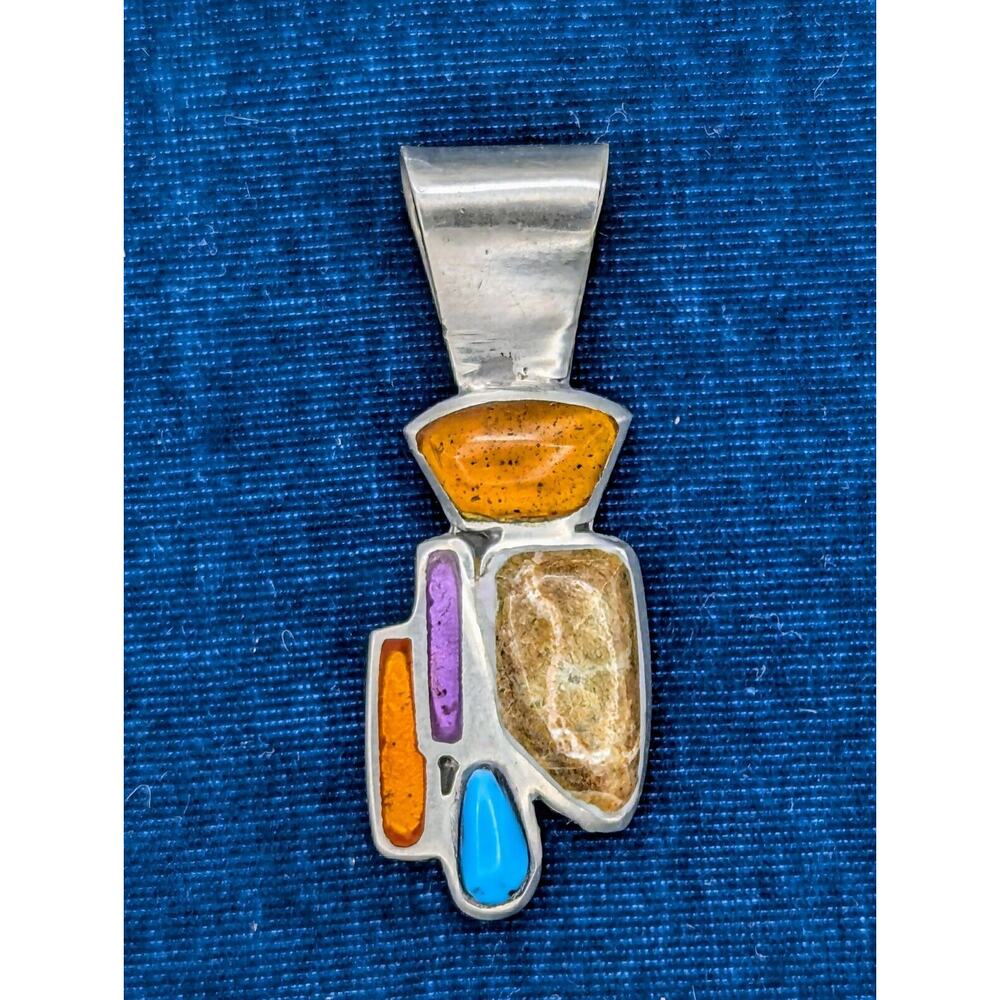 Turquoise multistone Inlaid Sterling Silver Zuni Pendant .925 Vintage